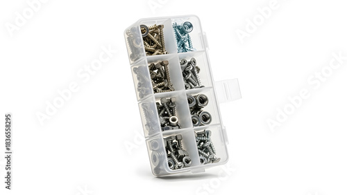 Hardware Organizer: A clear hardware organizer filled with various screws and nuts, meticulously sorted into separate compartments.