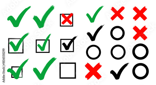 Collection of hand-drawn green check marks and red crosses in various grunge brush stroke styles, including boxes and circles.