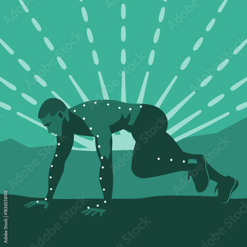 Man performing mountain climber exercise with sunburst background