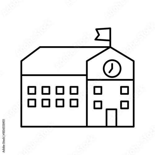 Line icon of a school building with flag and clock, symbolizing education, learning institution, campus, students, and academic environment.
