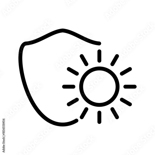 Minimal line icon of a shield with sun symbol, illustrating UV protection, sun safety, sunscreen, security, and skin care concept.