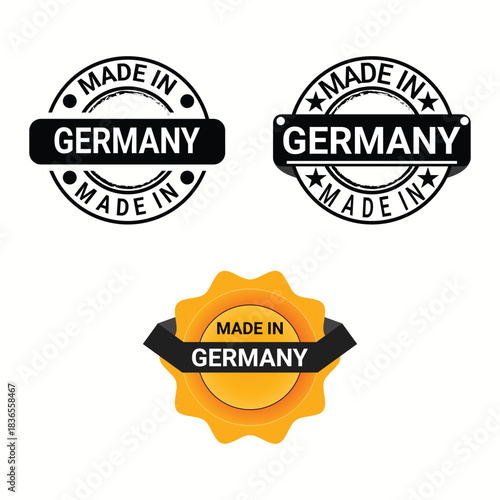 Made in germany labels showcasing german manufacturing and product origin with quality assurance seals