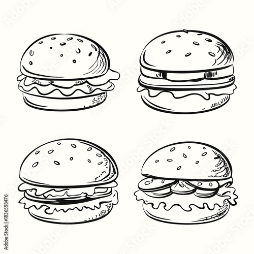 Four burgers with sketch line art, featuring lettuce and meat on a cream background