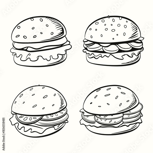 Four outlined burger drawings display buns with seeds and layered fillings on a white surface