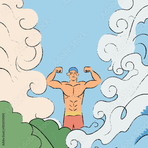 Muscular man flexing biceps surrounded by stylized clouds and greenery