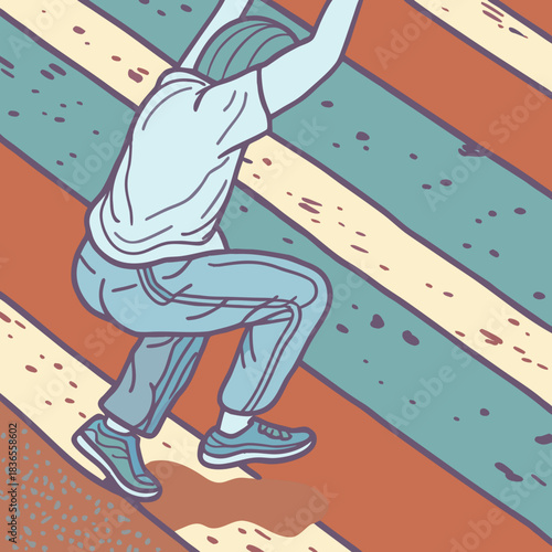 Person climbing a colorful striped wall