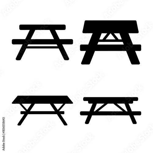 Four picnic table silhouettes for outdoor recreation icon set