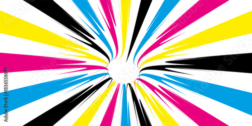 CMYK abstract spiral background. Swirl illustration of four cmyk colours. Cyan, magenta, yellow and black. Colorful bright pattern. vector illustration