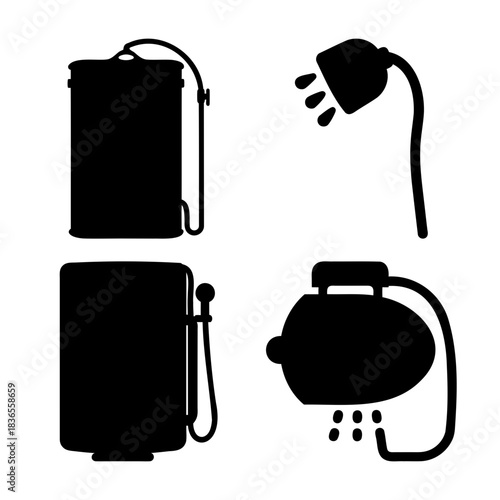 Camping and outdoor portable shower and fuel pump icons set