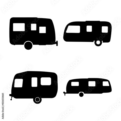 Black caravan and travel trailer silhouette icons vector art