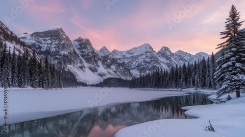 Snowy mountain range reflecting in a partially frozen lake at dusk with evergreen trees around it