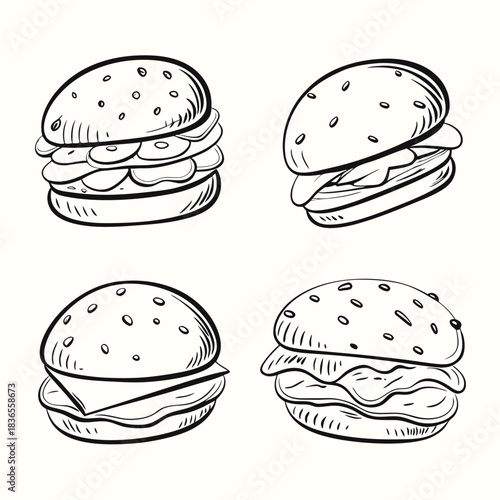 Handdrawn line art shows four tasty burgers, displaying seeded buns and layered fillings