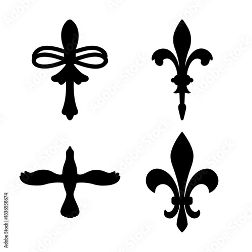 Black ornamental symbols including crosses and fleur-de-lis set.