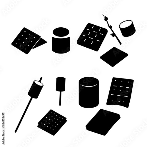 S'mores dessert ingredients and roasting marshmallow setup