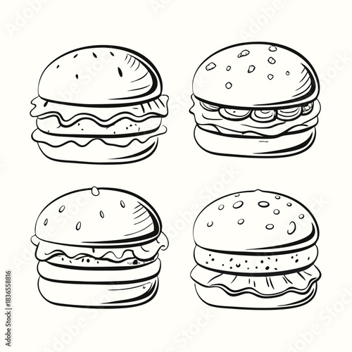 Four stylized burger sketches showcase sesame seed buns and tasty fillings on plain background