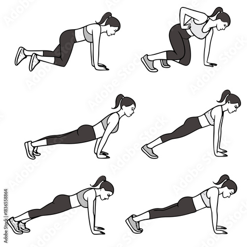 Woman performing various push up exercises and variations