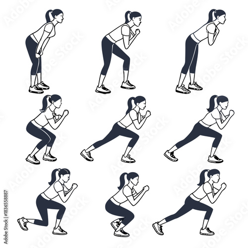Woman performing various squat and lunge exercise variations