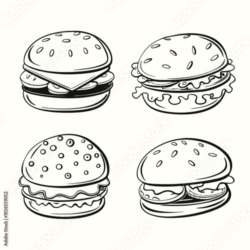 Outlined burger sketches show varied toppings and bun styles in monochrome set against white