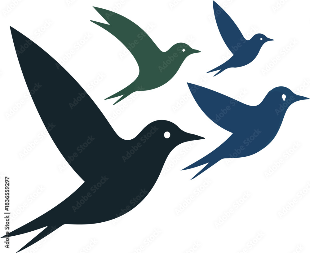 Fototapeta premium Four abstract birds flying in dark blue and green colors flock group