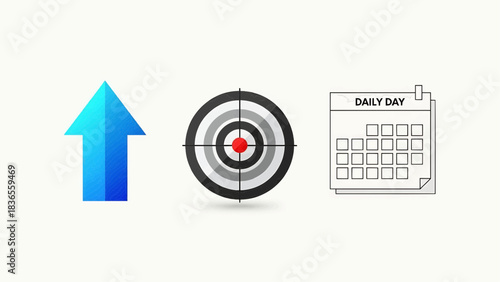 A calendar marked for a daily task aligned with a target hit directly on its center with an upward arrow indicating progress