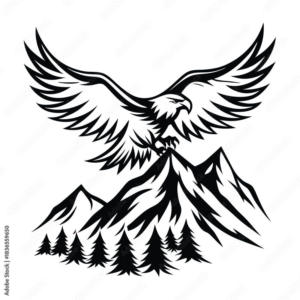 Obraz premium A stylized eagle is perched atop mountain peaks amid a forest in black and white