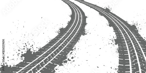 Curving tire tracks with mud splashes on white ground, grunge texture vector