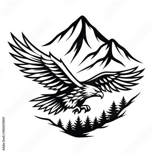 Detailed eagle soars above the evergreens with imposing mountain peak in monochrome silhouette
