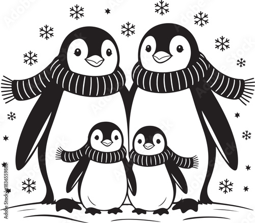 Cute Winter Penguin Family Coloring Page – Parent and Two Baby Penguins in Scarves with Snowflakes Illustration