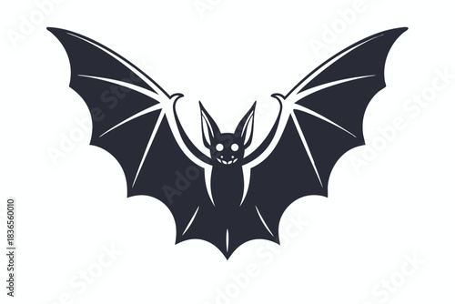 Stylized bat with spread wings smiles forward, a minimalist, monochrome, illustration