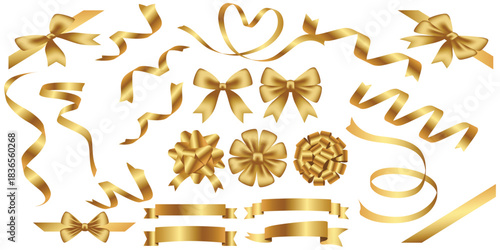 Golden ribbons, bows, and festive decoration elements for gift designs
