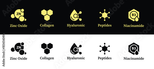 Organic cosmetic line icons set. Organic skin care components or labels. Zinc Oxide icon. Collagen, Hyaluronic, Peptides, and Niacinamide.