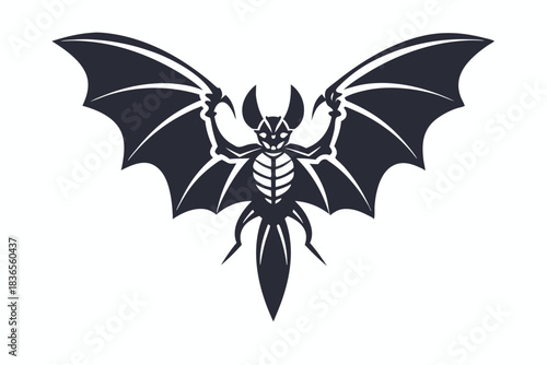 Batlike, skeletal creature stretches its wings while claws are raised, isolated on white
