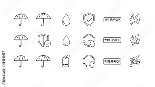Waterproof and Water Resistance Icons Set – Umbrella, Droplet, and Protection Vector Collection