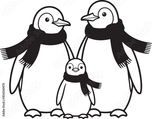 Cute Winter Penguin Family Coloring Page – Parent and Baby Penguins Wearing Scarves Illustration