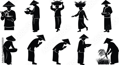 Conical hat silhouette, traditional rural activity, cultural lifestyle icon, black illustration set, agrarian gesture, Southeast Asian heritage, daily life poses, folk labor scene