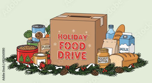 Festive holiday food drive with collection box filled with canned goods and essential groceries. Holiday food drive supports families in need during winter, offering nourishment and warmth.