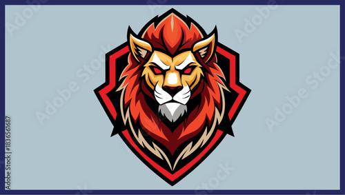 Fierce lion head emblem with red and gold mane