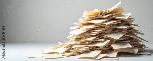 Large pile of receipts, documents, papers stacked on plain background. Represents huge financial paperwork, administrative tasks, overwhelming office workload. Shows managing business expenses,