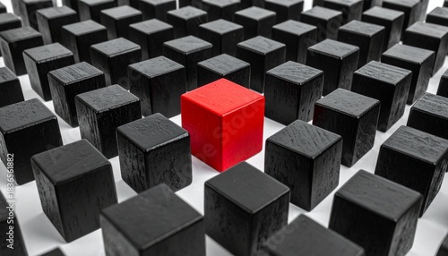 Single red cube standing out among uniform black cubes on grid, symbolizing individuality, uniqueness, contrast, and distinction within a structured system.