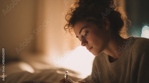 Young woman sitting on a bed, writing on a piece of paper with a pen. she is wearing a gray sweater and her hair is styled in loose curls.