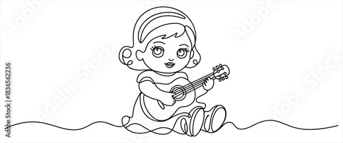 Adorable baby girl plays guitar singleline drawing on transparent background