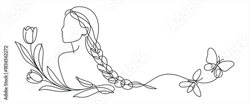 Beautiful woman face with flower and butterfly in one line art