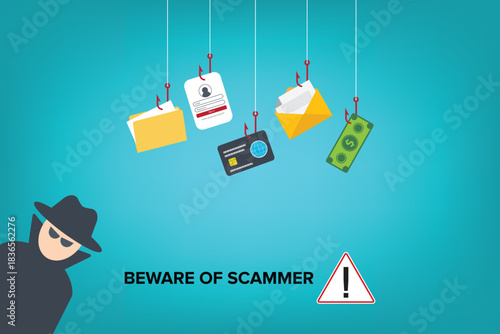 Hacker, scammer in front of his computer committing digital cybercrime. Vector illustration
