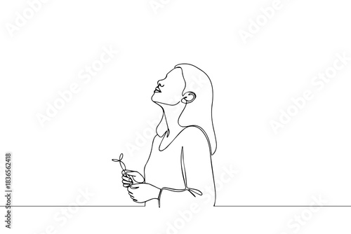 Continuous line drawing of thinking lady standing isolated