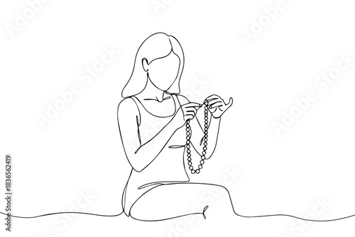 Elegant continuous line drawing of a woman s torso wearing a pearl necklace