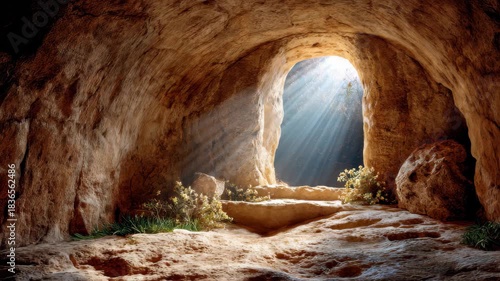 Empty tomb of Jesus Christ illuminated by light beams on Easter Sunday signifies resurrection and hope in a moment of tranquility and reflection