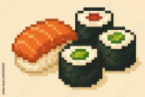 Pixel art illustration of various sushi pieces, including nigiri and maki rolls.