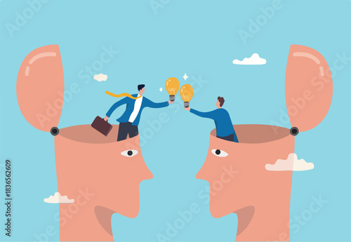 Exchange idea from brainstorm to get new solution to solve problem, sharing knowledge, creativity and innovation concept, businessman open from human brain head to exchange business lightbulb ideas