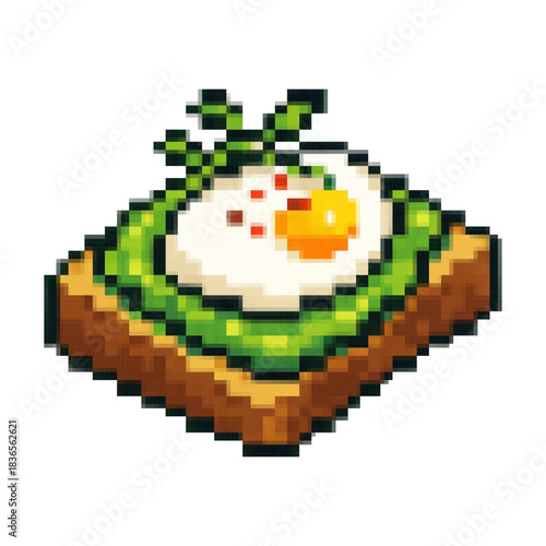 Pixelated illustration of avocado toast with a lemon slice, ready to eat.