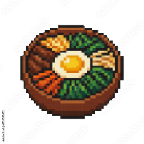 pixelated illustration of a Korean bibimbap dish with various colorful ingredients.